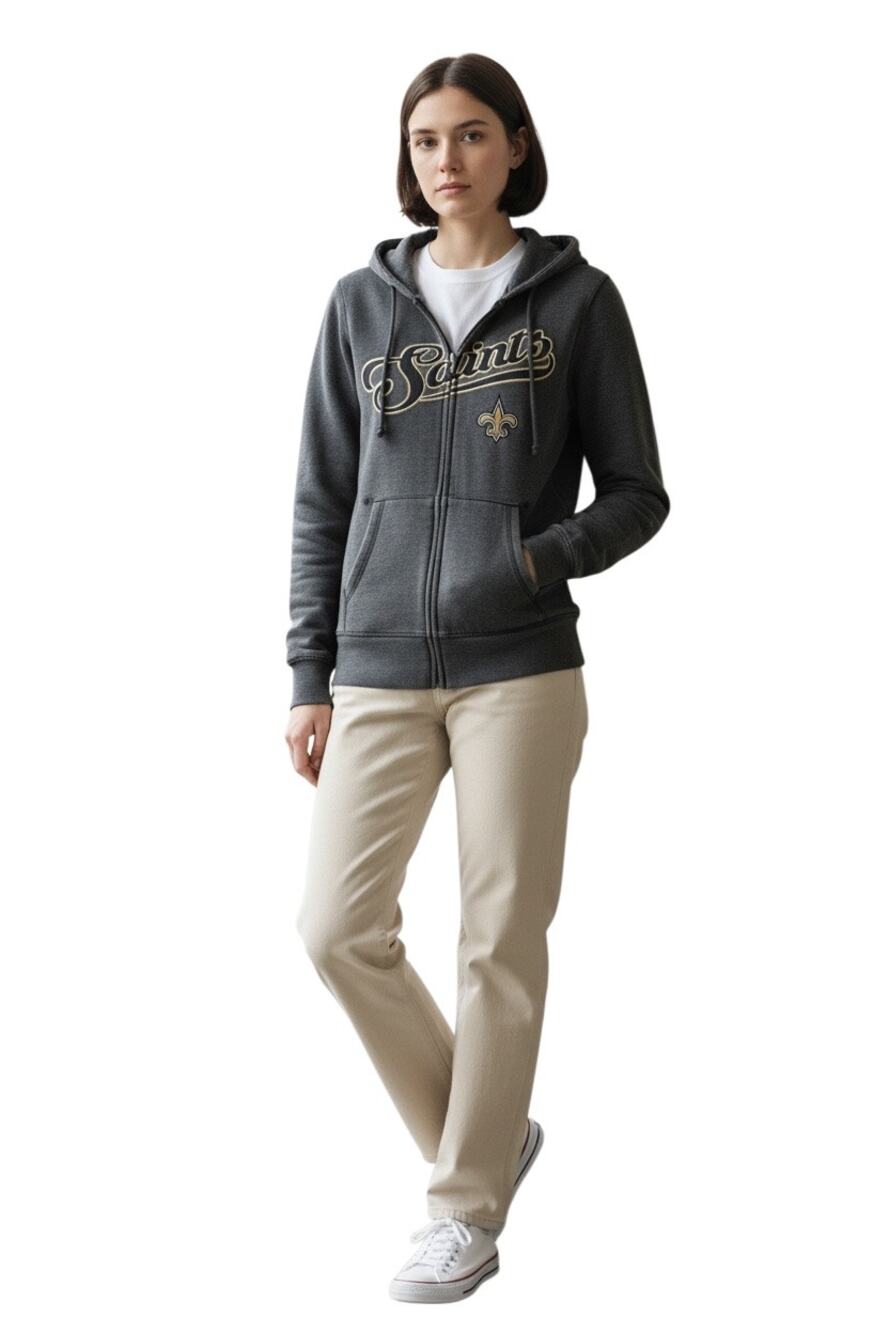 NFL New Orleans Saints Charcoal Teen Script Full-Zip Distressed Grey Hoodie S